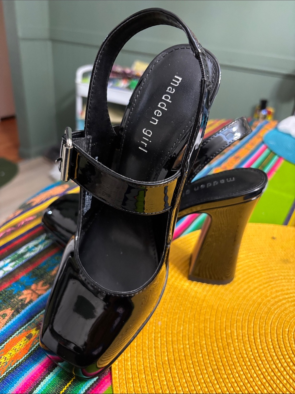 Madden Girl Black Patent Platform Mary Jane Slingback Heels